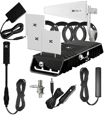 Cel-Fi GO+ Amplifier with Home & Vehicle Power Supplies and Inside Building 3 Panel Antennas Plus Outside Trucker Antenna & Interior Truck Patch Antenna with 13 feet cable.